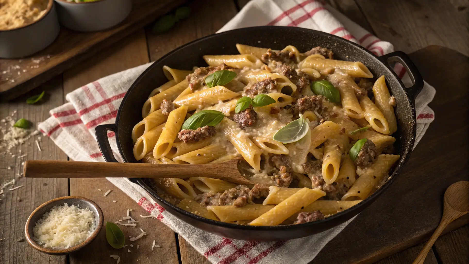 Satisfying Stovetop Creamy Beef Pasta Recipe in a large skillet with steam rising, garnished with fresh basil and Parmesan cheese
