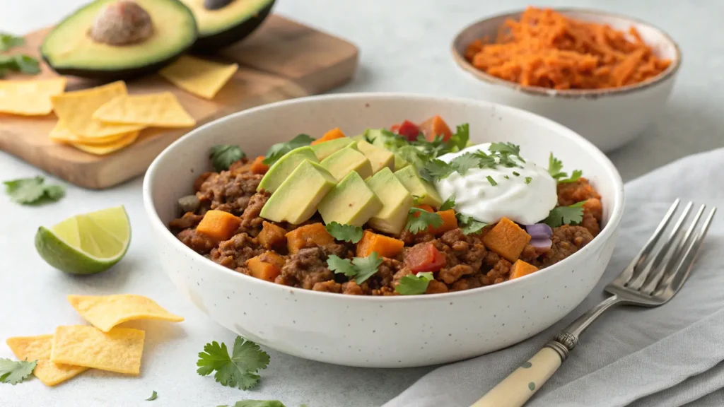 Southwest ground beef and sweet potato skillet served in white bowl topped with avocado, sour cream, cheddar cheese, cilantro, and lime wedge