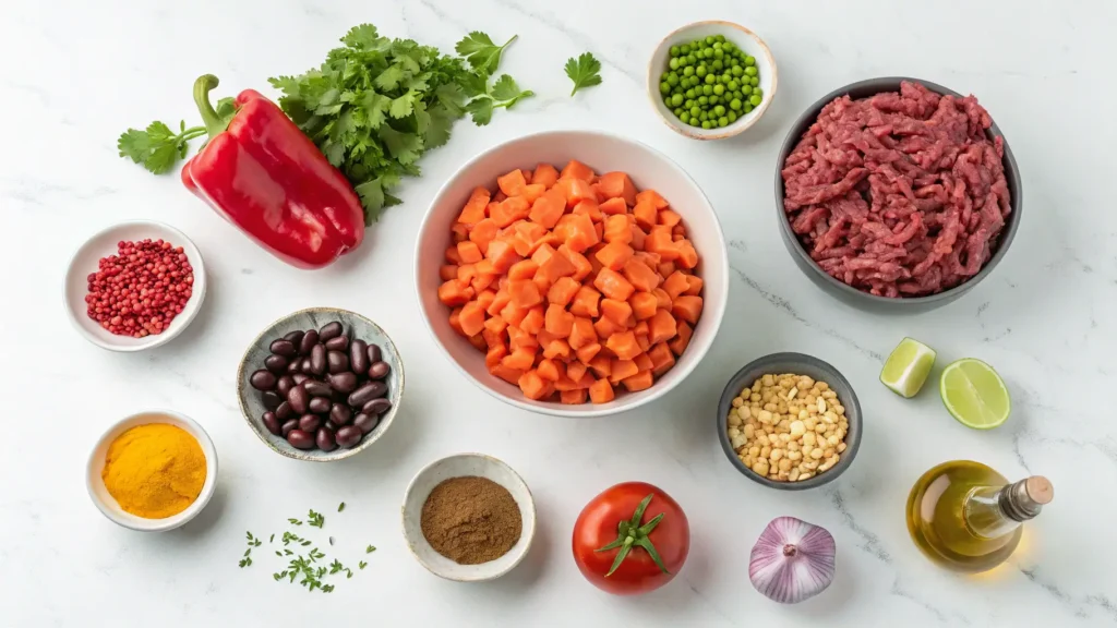 Flat lay of raw ingredients for Southwest ground beef sweet potato skillet including ground beef, diced sweet potatoes, bell pepper, onion, spices, black beans, corn, and fresh herbs