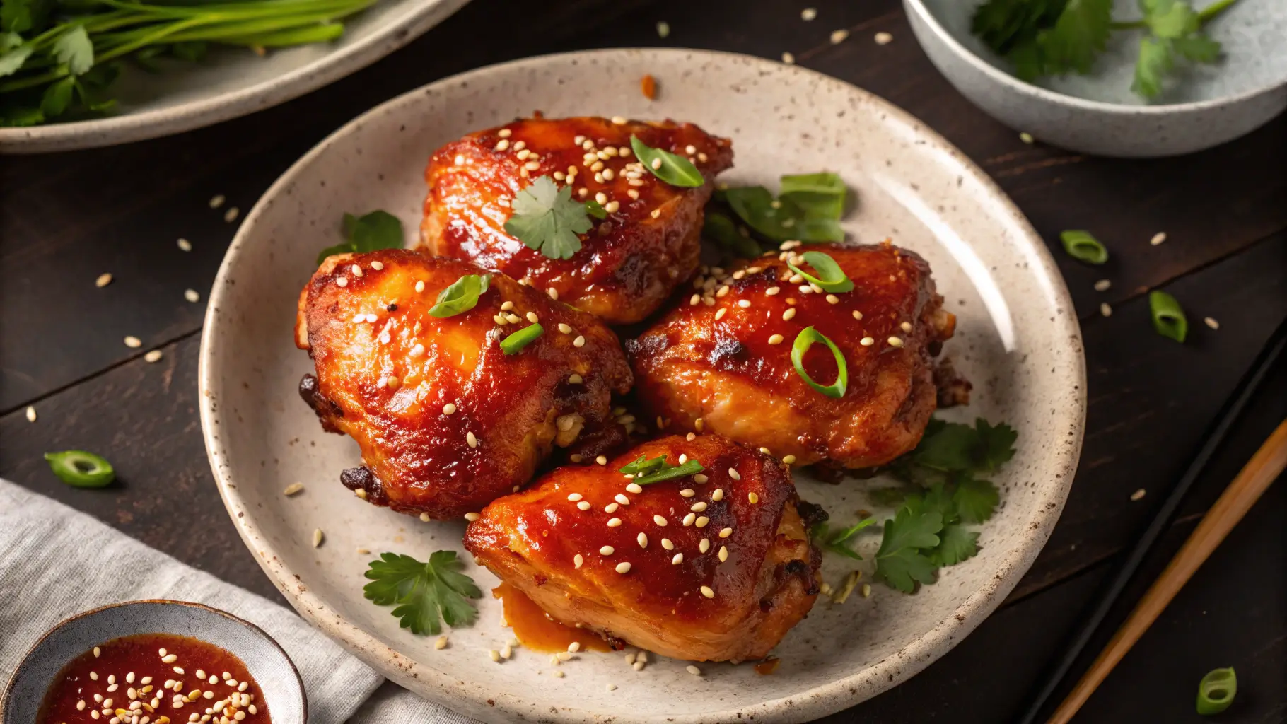 Sweet Chili Glazed Chicken Thighs with crispy golden skin and glossy glaze garnished with sesame seeds and green onions