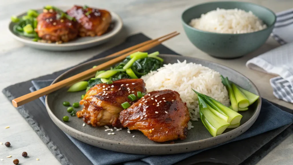 Sweet Chili Glazed Chicken Thighs on wooden serving board showing crispy skin and juicy meat with fresh cilantro