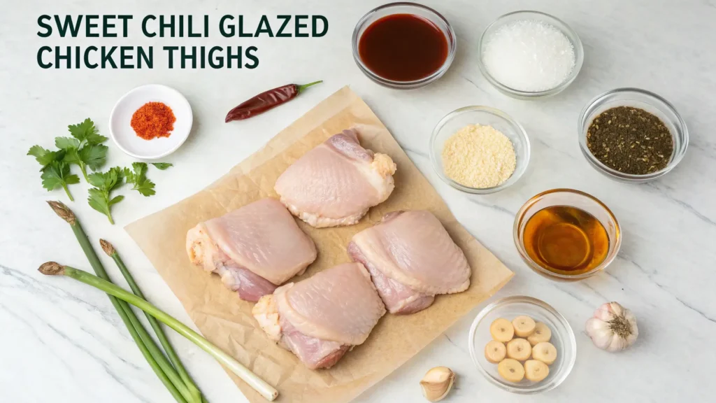All ingredients for Sweet Chili Glazed Chicken Thighs recipe including raw chicken, sweet chili sauce, spices, and fresh herbs