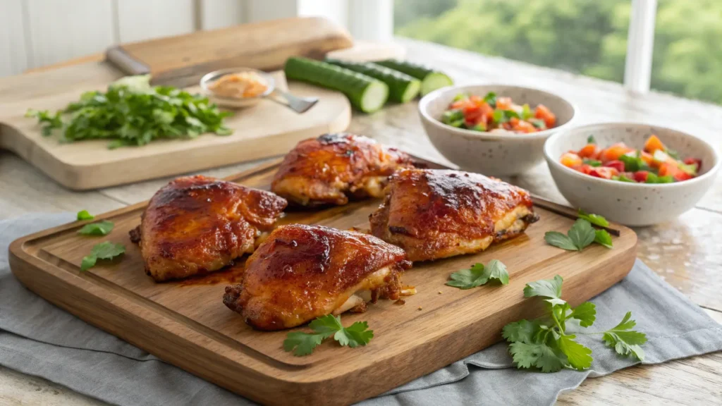 Sweet Chili Glazed Chicken Thighs served on slate plate with jasmine rice and bok choy, restaurant-style presentation