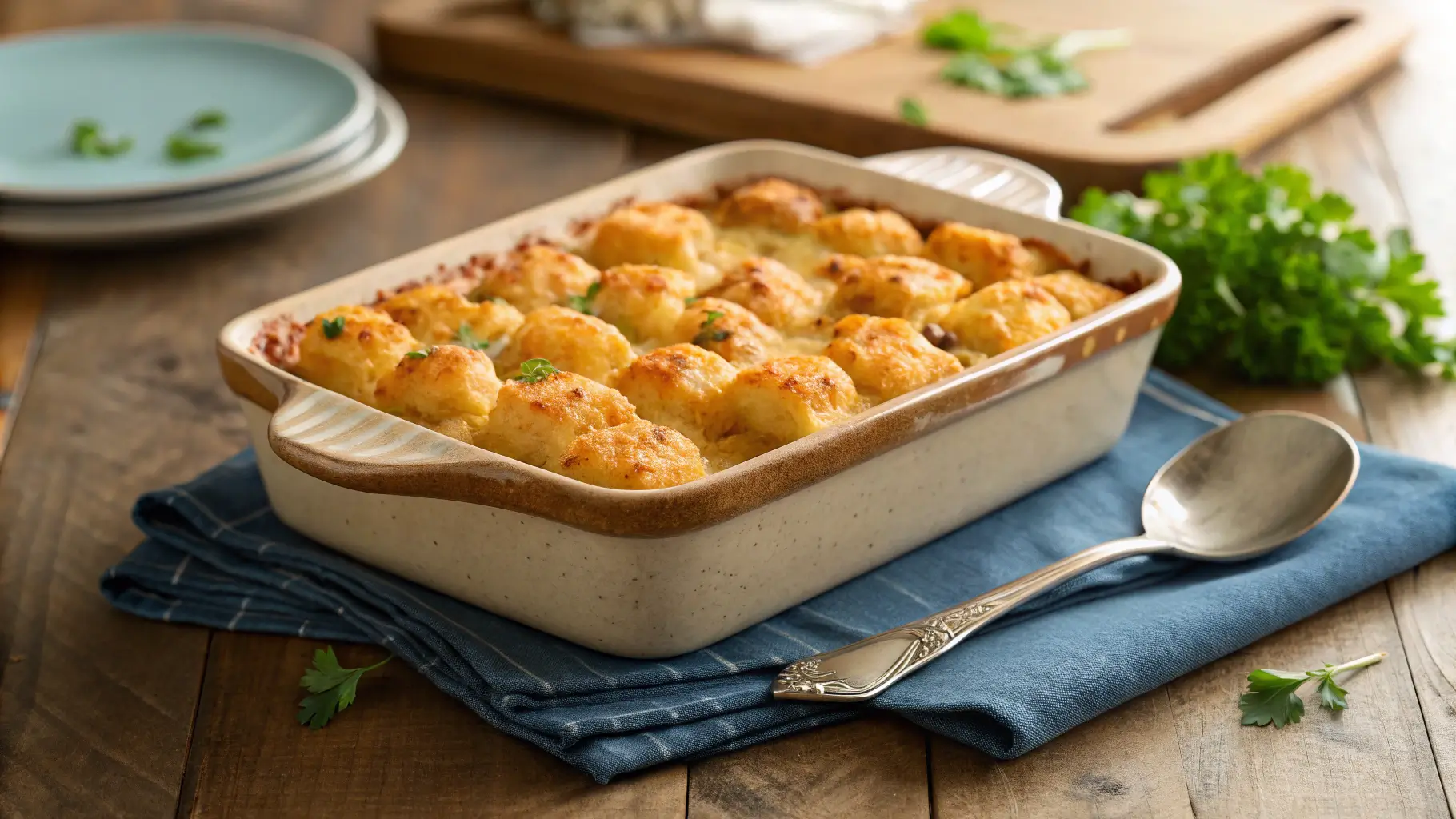 Golden brown tater tot casserole recipe fresh from oven with melted cheese and crispy tots in rustic baking dish