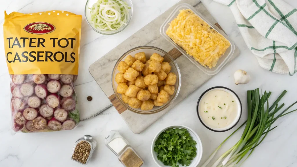 All ingredients needed for tater tot casserole recipe including frozen tots, ground beef, cheese, and cream of mushroom soup