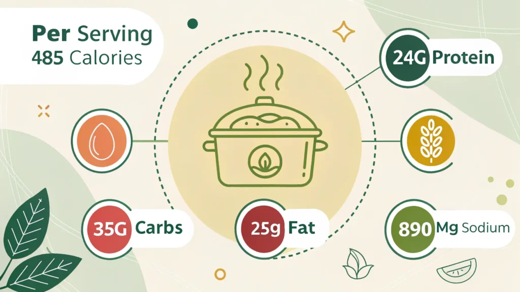 Nutritional information infographic for tater tot casserole recipe showing 485 calories, 24g protein, and complete nutrition facts per serving