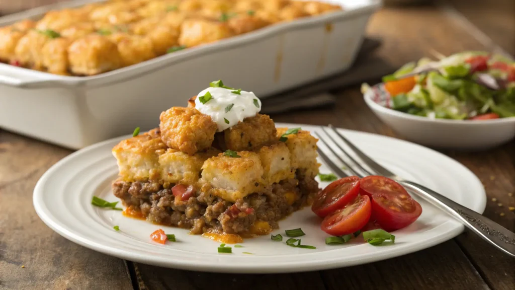 Plated tater tot casserole recipe serving with crispy tots, melted cheese, and ground beef garnished with sour cream