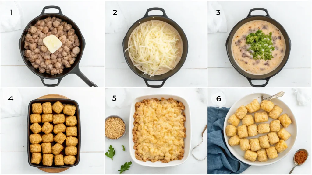 Step by step instructions for making tater tot casserole recipe showing browning beef, mixing ingredients, and baking process