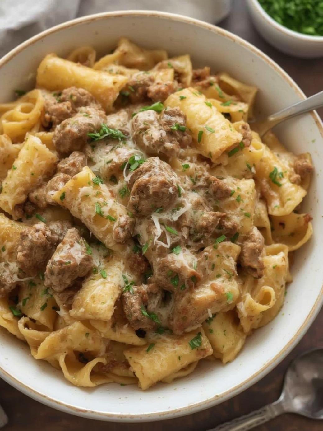 Creamy Garlic Parmesan Beef Bowtie Pasta Recipe
