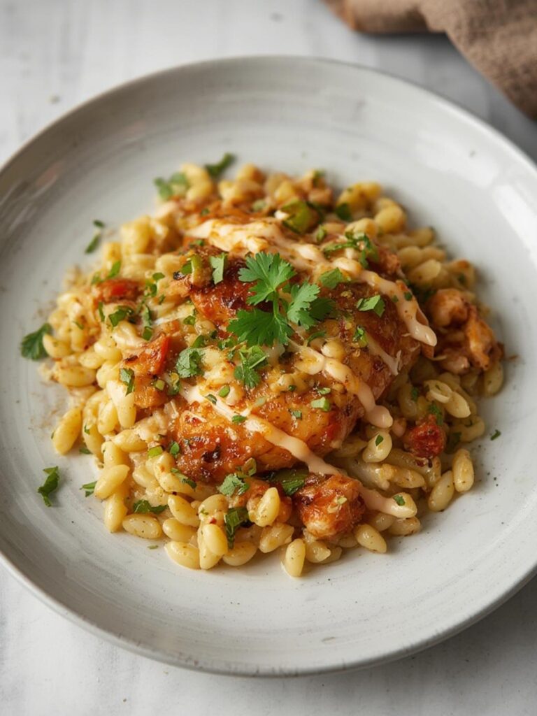 French Onion Chicken Orzo Casserole