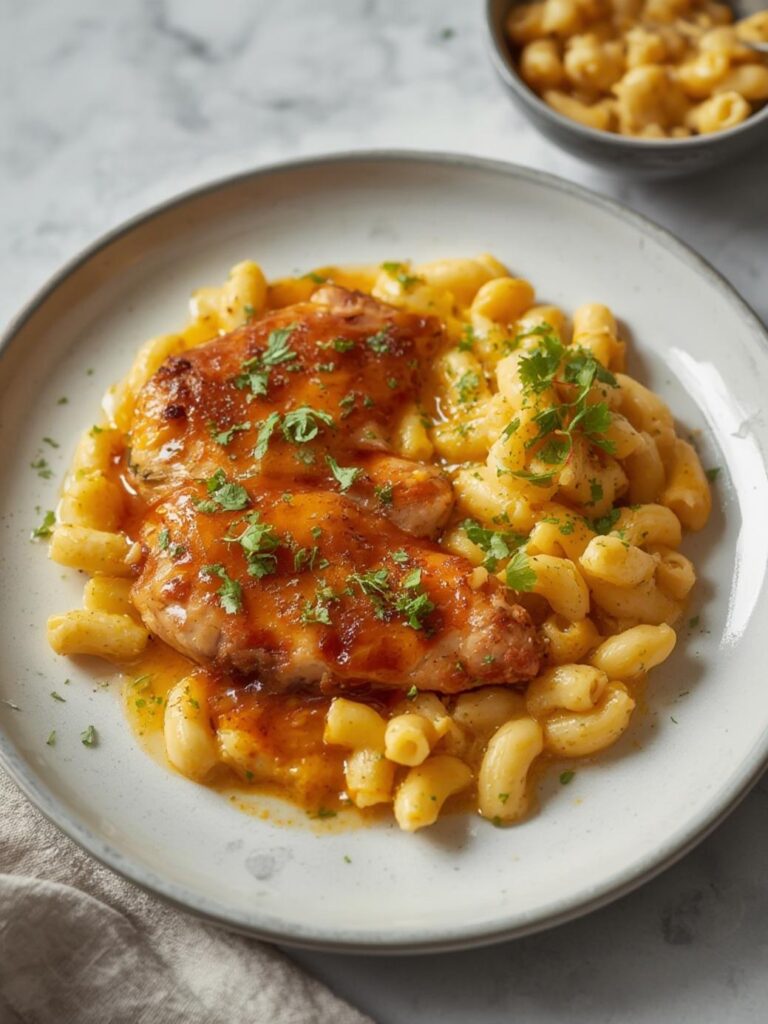 High Protein Honey Garlic Butter Chicken with Mac & Cheese