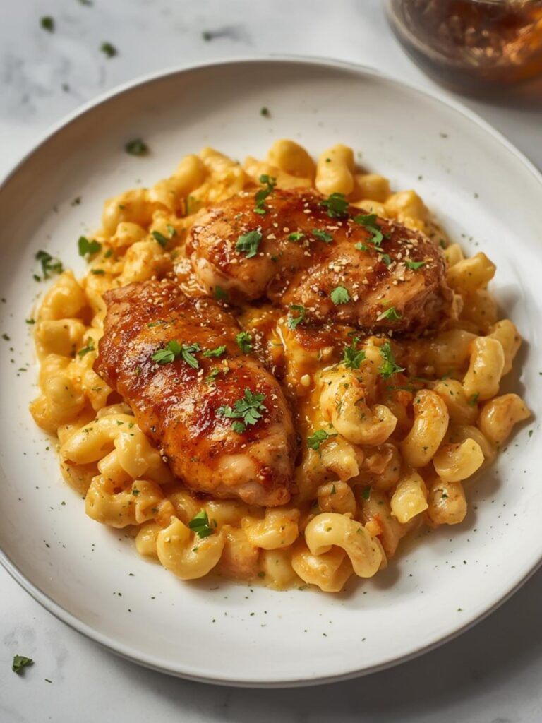 High Protein Honey Garlic Butter Chicken with Mac & Cheese
