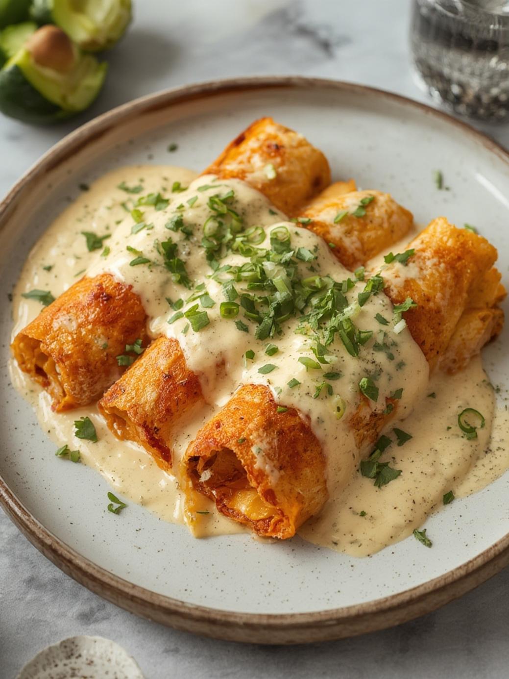 High Protein Chicken Enchiladas with Creamy White Sauce