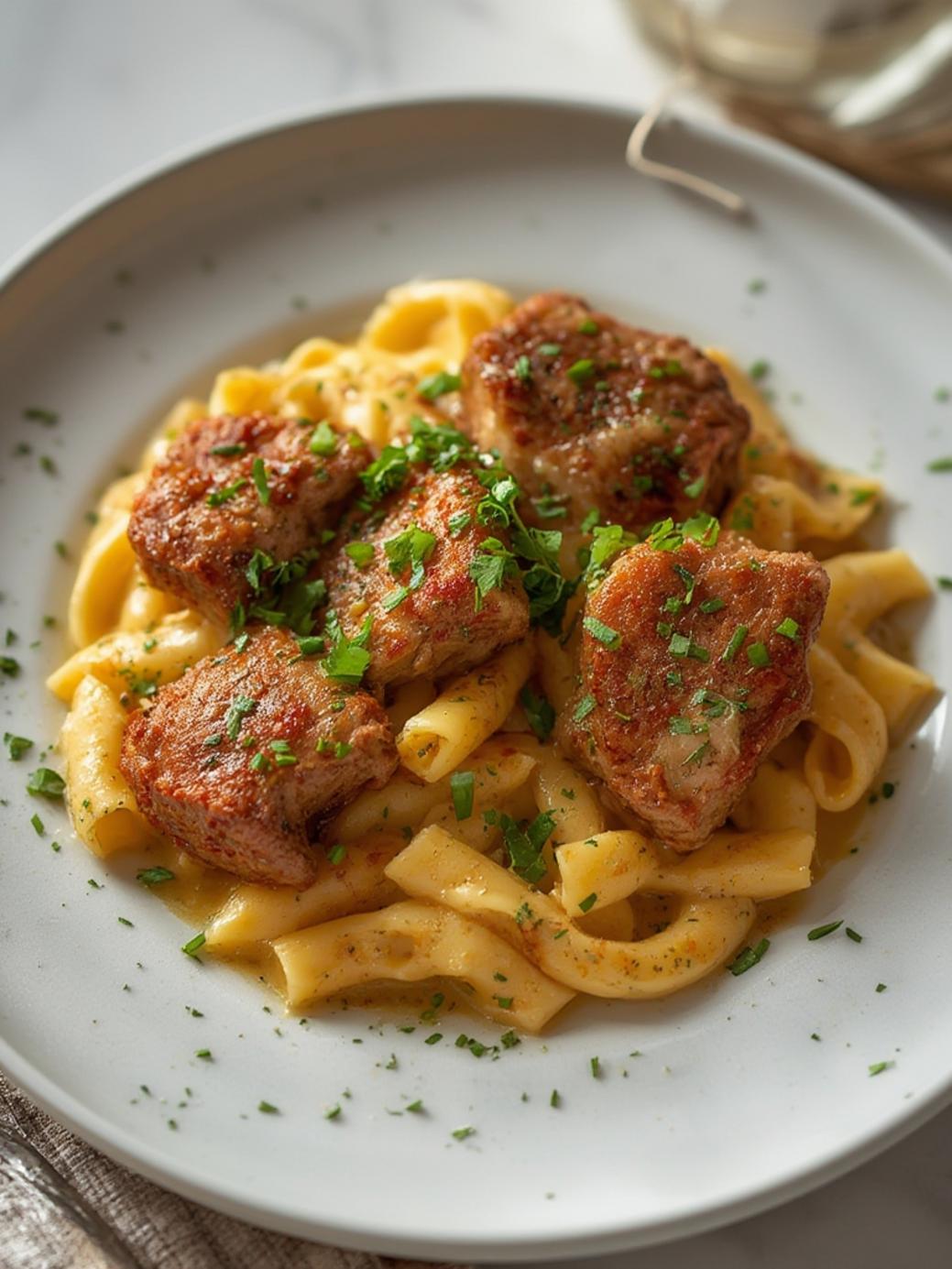 Cajun Steak Tips in Cheesy Rigatoni Parmesan Sauce