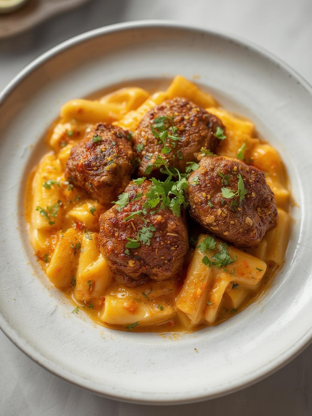 Cajun Steak Tips in Cheesy Rigatoni Parmesan Sauce