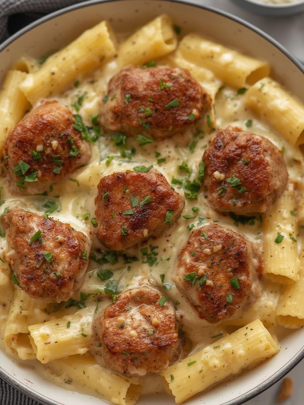 Cajun Steak Tips in Cheesy Rigatoni Parmesan Sauce