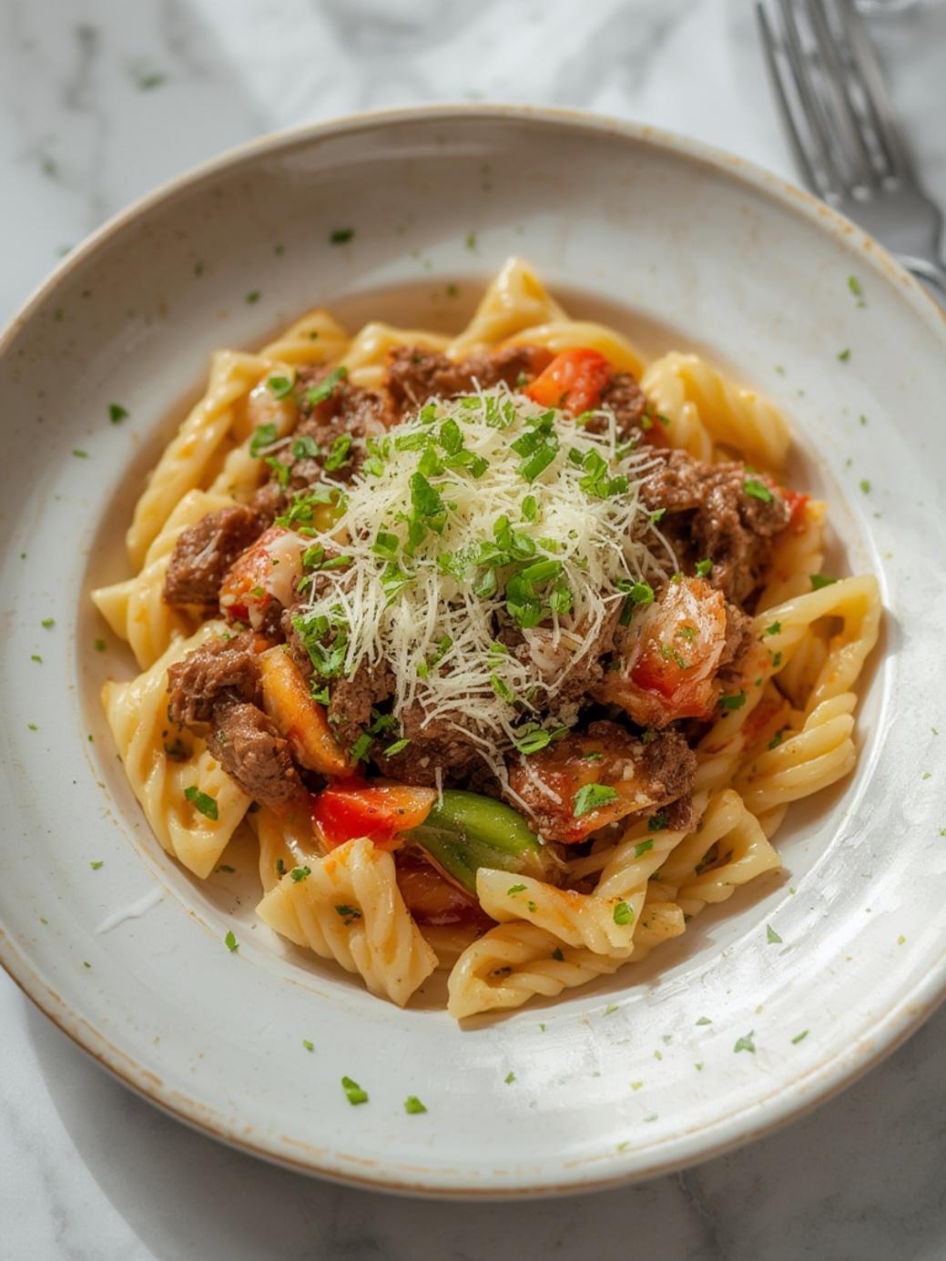 Creamy Garlic Parmesan Beef Bowtie Pasta