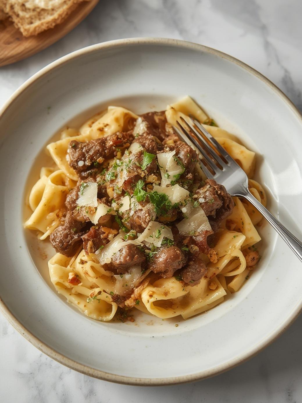 Creamy Garlic Parmesan Beef Bowtie Pasta