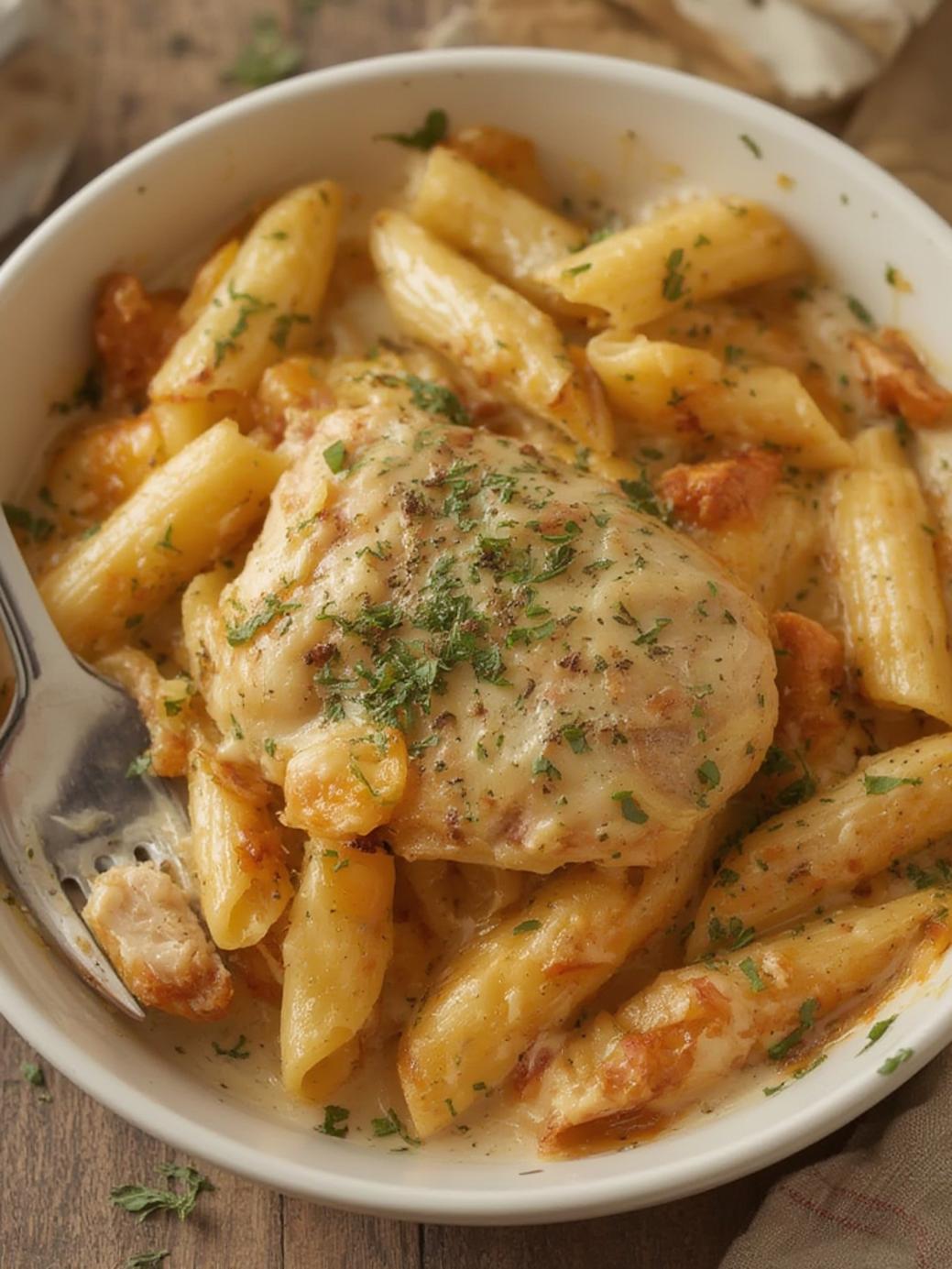 French Onion Chicken Pasta Bake