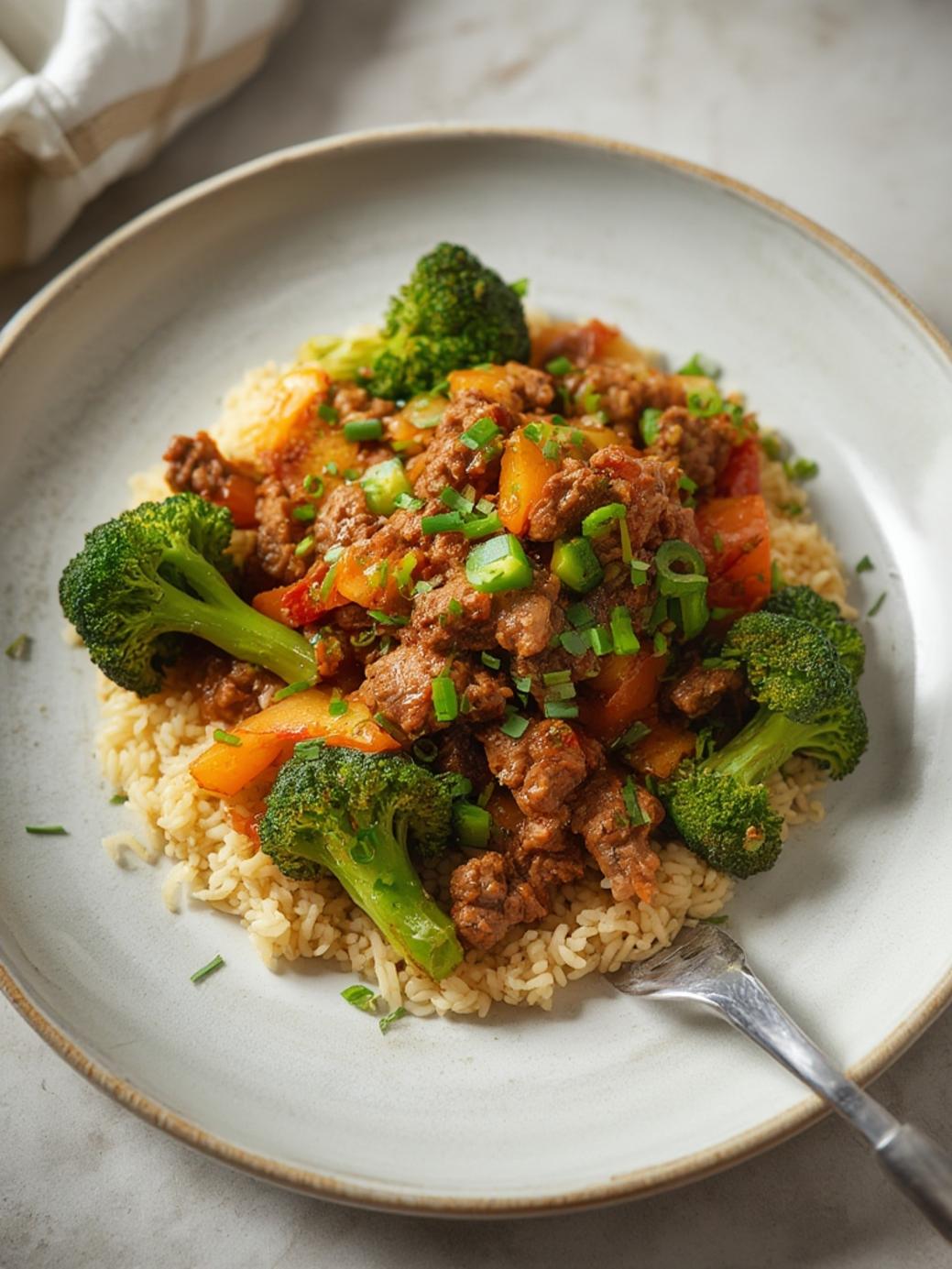 Honey Garlic Ground Beef and  Broccoli Stir Fry