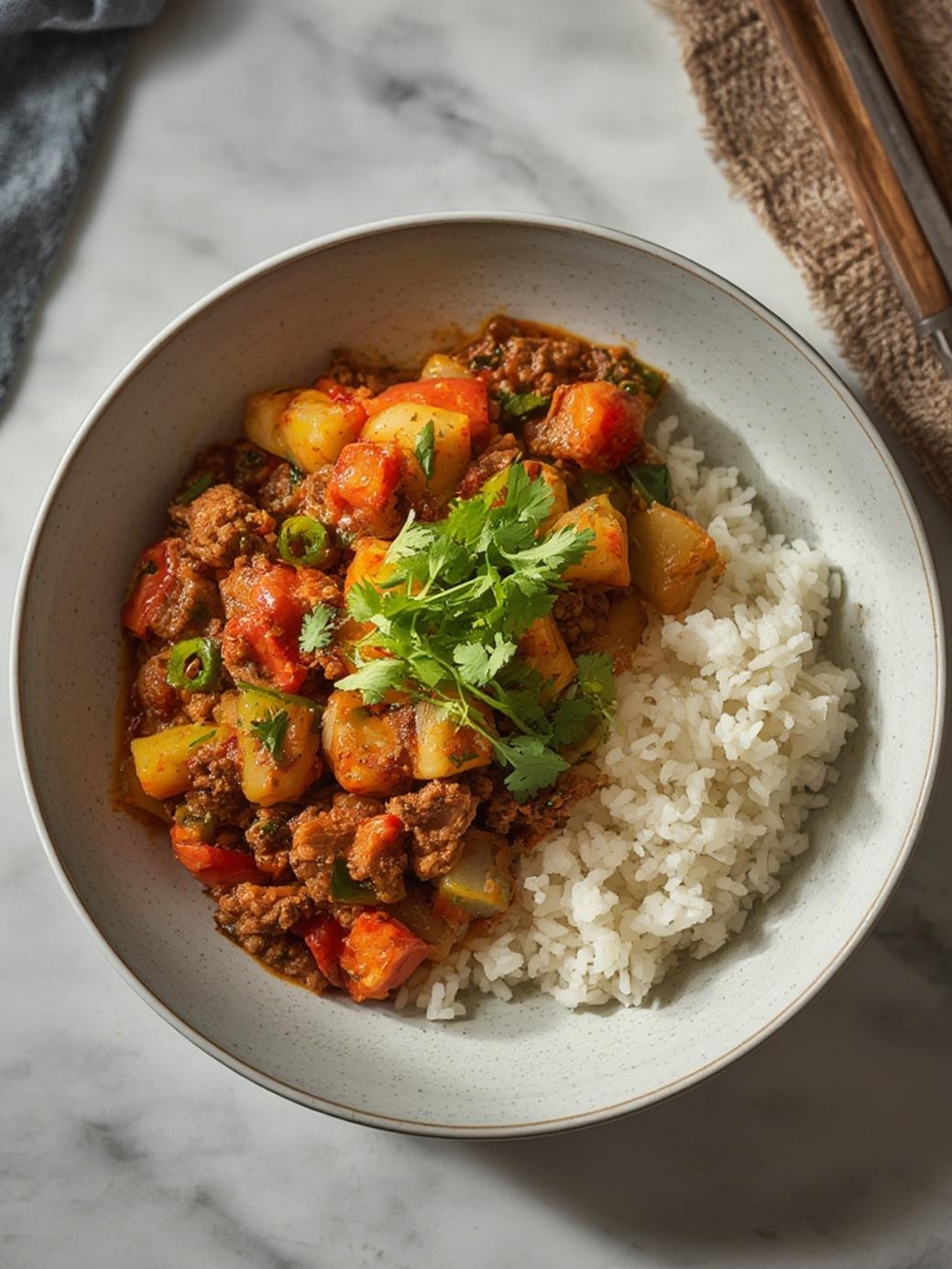 Spicy Ground Beef Stir-Fry Bowl with Garlic Veggies and  Steamy Rice