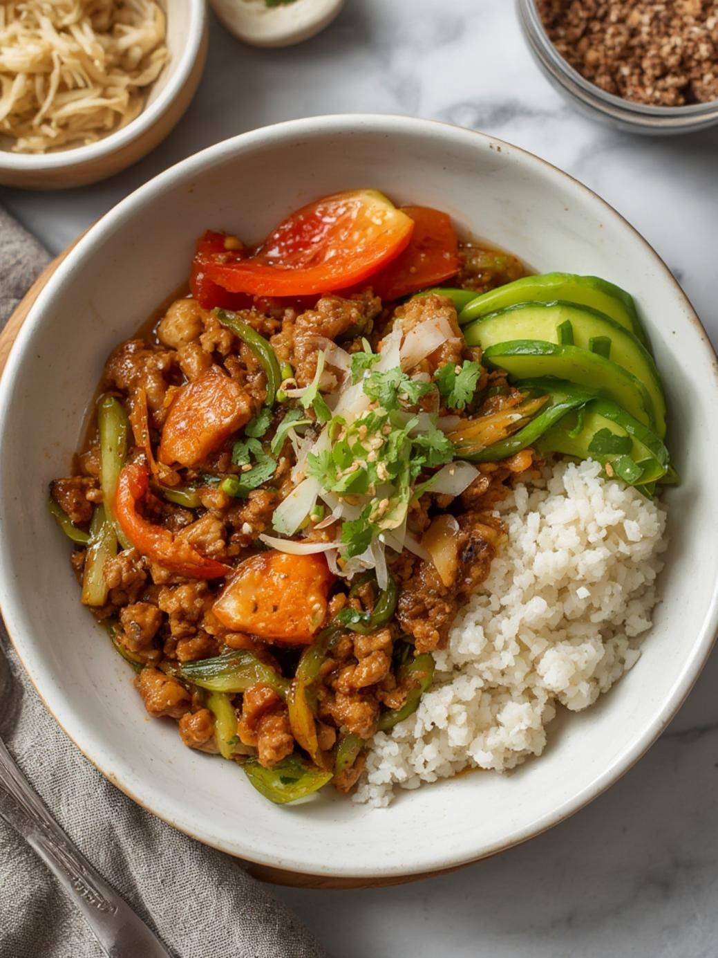 Spicy Ground Beef Stir-Fry Bowl with Garlic Veggies and Steamy Rice