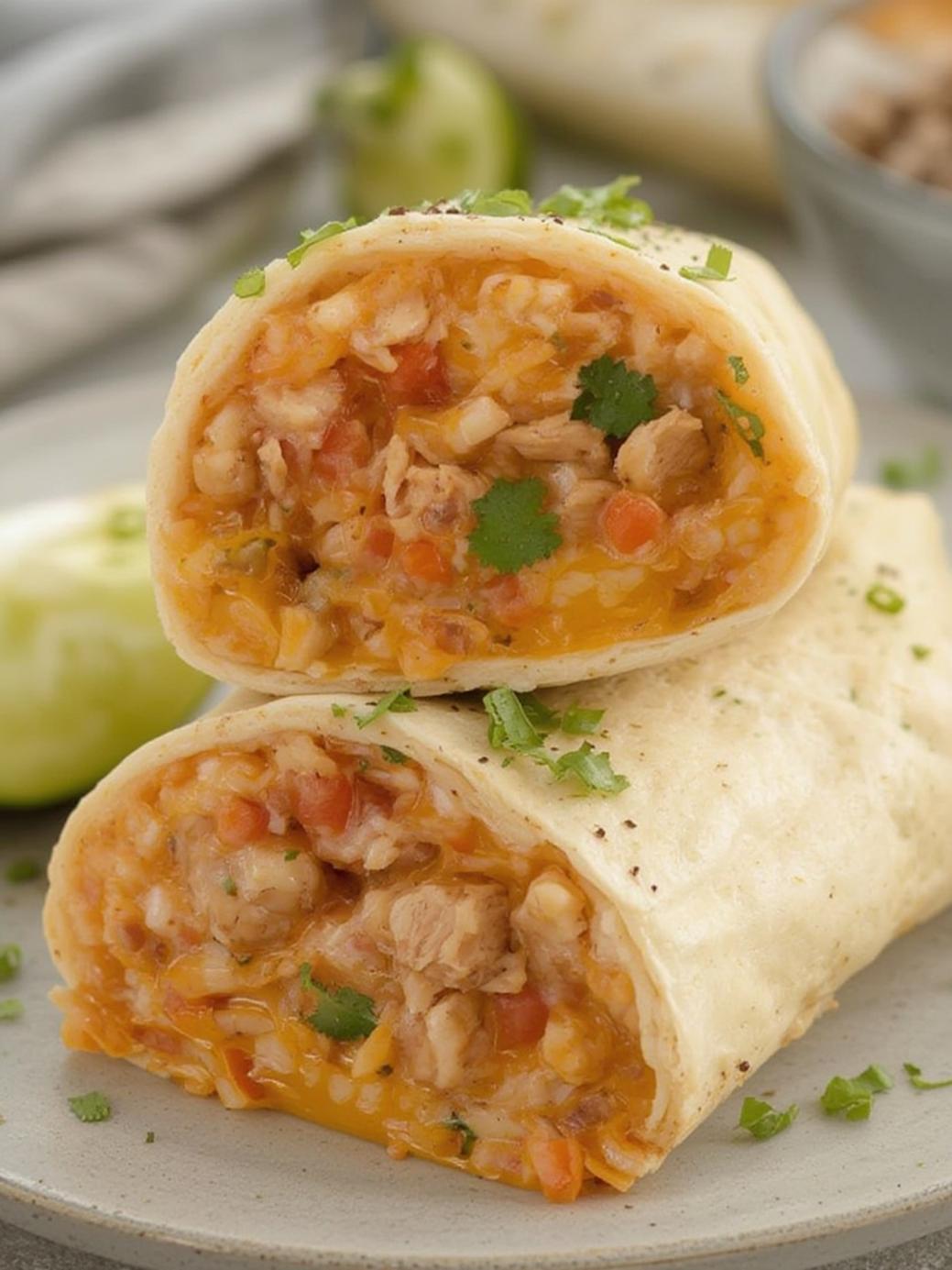 Cheesy Ground Chicken and Rice Burritos