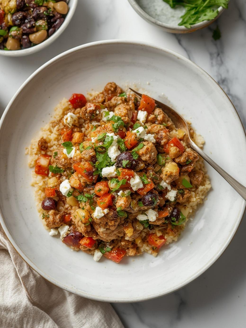 Mediterranean Keto Ground Chicken Skillet with Olives and Feta