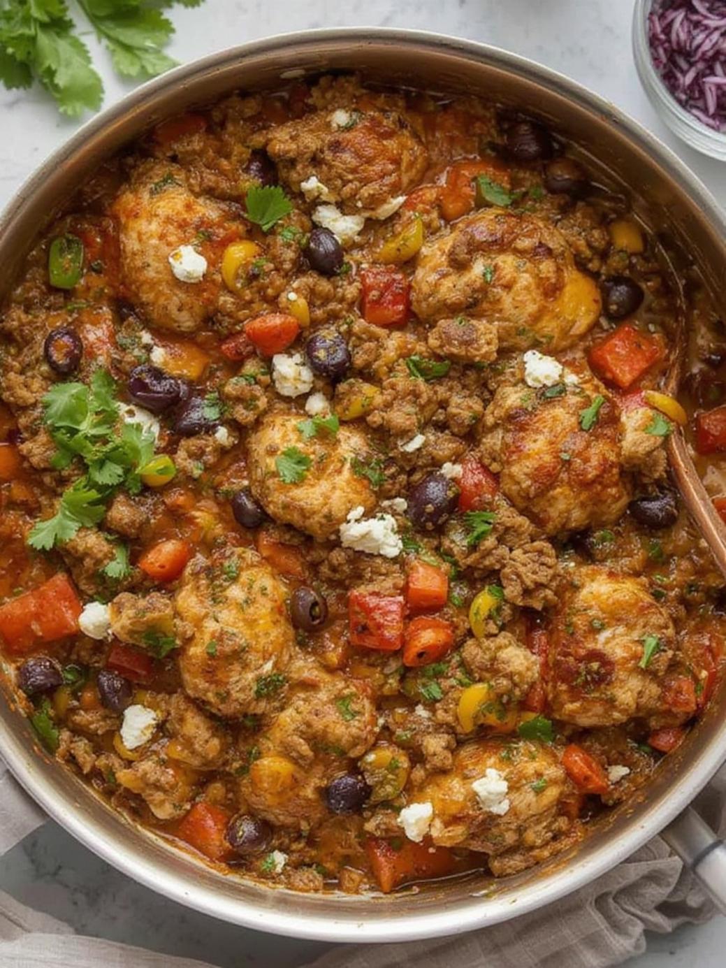 Mediterranean Keto Ground Chicken Skillet with Olives and Feta