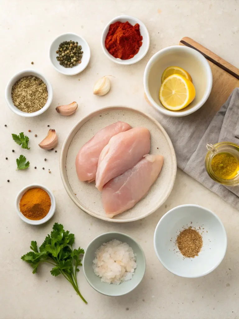 Ingredients for easy baked chicken breast for beginners including chicken breast, spices, olive oil, and lemon