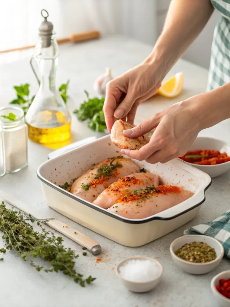 Seasoning chicken breast before baking for an easy beginner chicken recipe